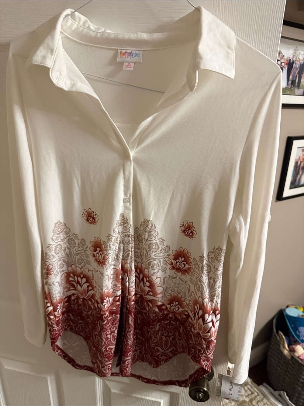 LuLaRoe Cream Button-Front Blouse with Red Floral Ombre Border